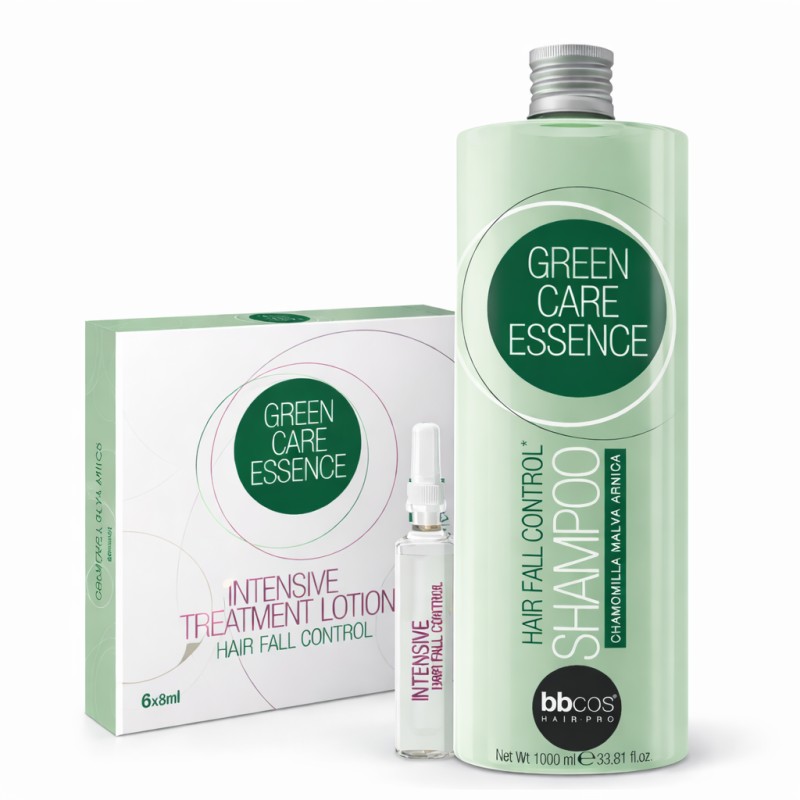 Pachet Promo Tratament impotriva caderii parului – Green Care Essence Sampon 1000ml + Fiole (6x8ml)