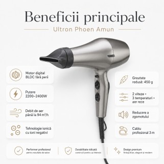 Uscator de par profesional Ultron Phoen Amun P005192 cu motor BLDC 2200-2400W gri titan